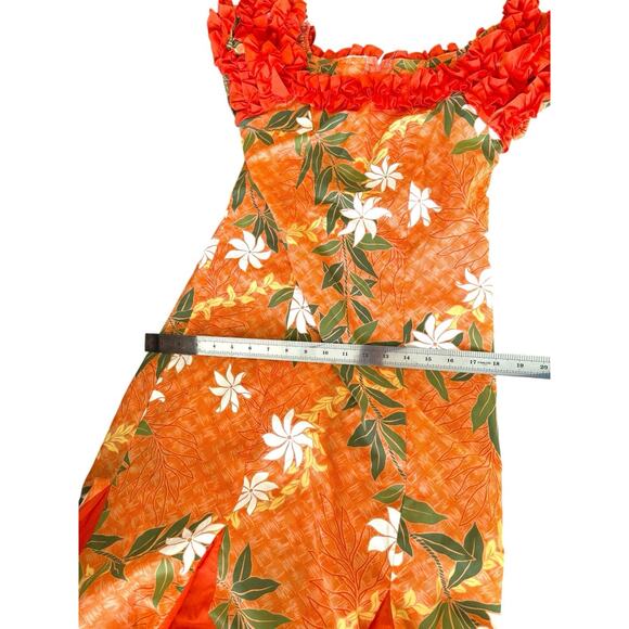 T&L Muumuu Factory Orange Puff Sleeve Vintage Hawaiian Aloha Dress Floral Ruffle - Picture 4 of 13